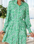 Paisley Button-Front Tied Waist Mini Dress