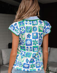 Floral Plaid Trim Collar Flutter Sleeve Blouse