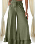 Solid Ruffle Wide Leg High Waist Pants