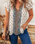 Aria Boho Pattern Ruffled Sleeve V Neck Buttoned Blouse
