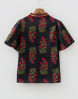 Floral Contrast Slit V-Neck Short Bubble Sleeve Blouse