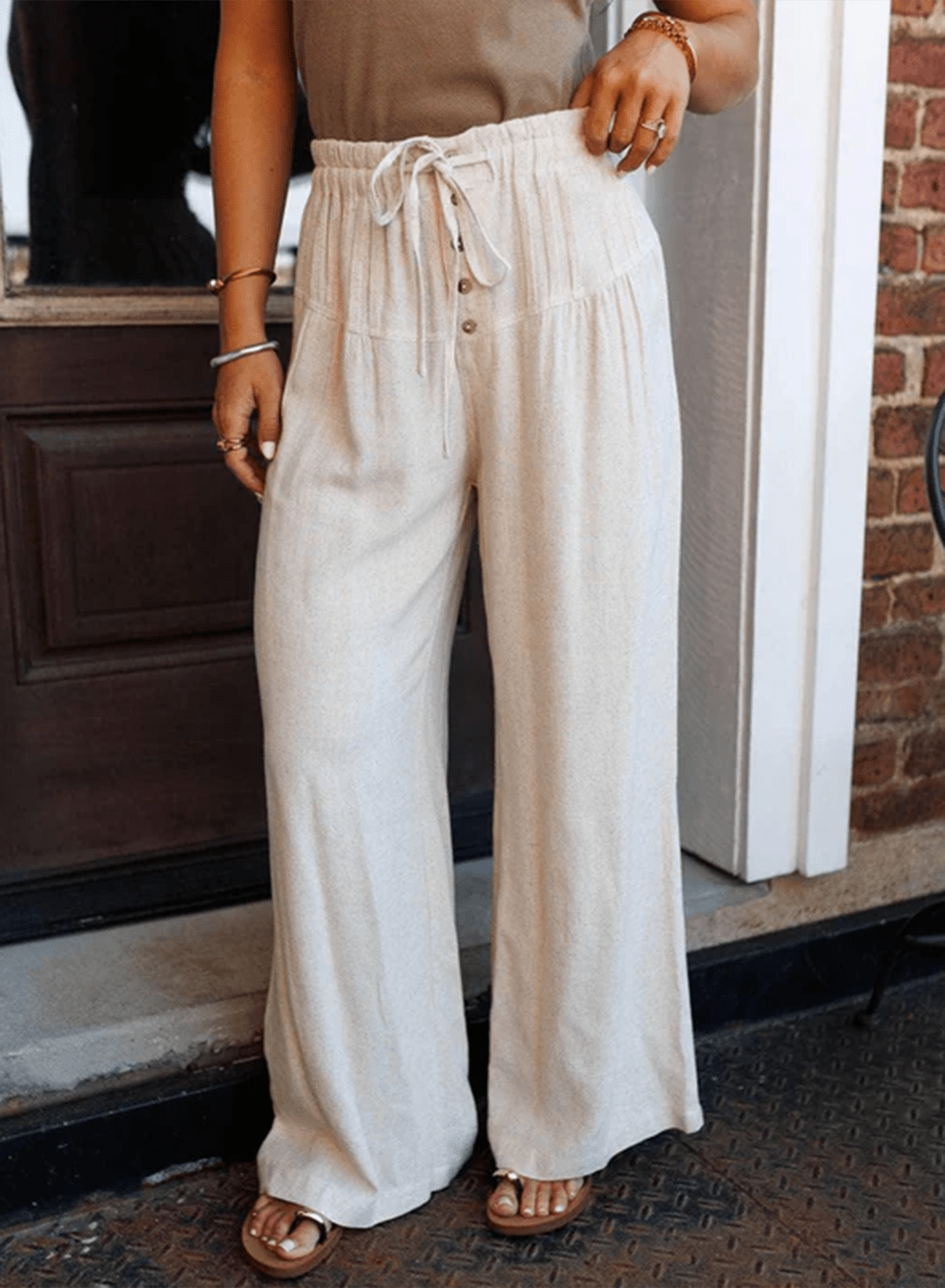 Solid Buttoned Drawstring Waist Pleated Wide Leg Pants