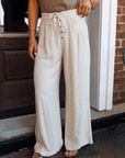 Solid Buttoned Drawstring Waist Pleated Wide Leg Pants