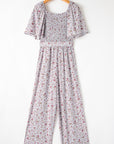 Floral Smocked Short Sleeve Wide Leg Jumpsuit