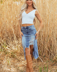 Denim Asymmetrical Distressed Midi Skirt