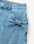Acid Wash Denim Bow Pocket High Waist Skirt