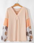 Tropical Polka Dot Patchwork Puff Sleeve V-Neck Blouse