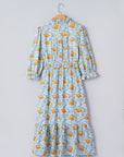 Floral Frilled V-Neck 3/4 Sleeve Midi Dress