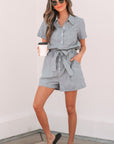 Stripe Chest Pockets Buttoned Collar Belted Romper
