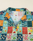 Floral Patchwork Long Sleeve Collared V-Neck Blouse