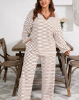 Plus Size Stripe V-Neck Pullover and Drawstring Pants Set