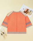 Plus Size Plaid Flower Patchwork 3/4 Sleeve Top