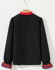 Stripe Trim Ruffle Split Neck Long Sleeve Blouse