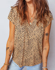 Cheetah Frilled V-Neck Short Sleeve Blouse