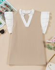 Serena Contrast V Neck Ruffled Textured Knit Top