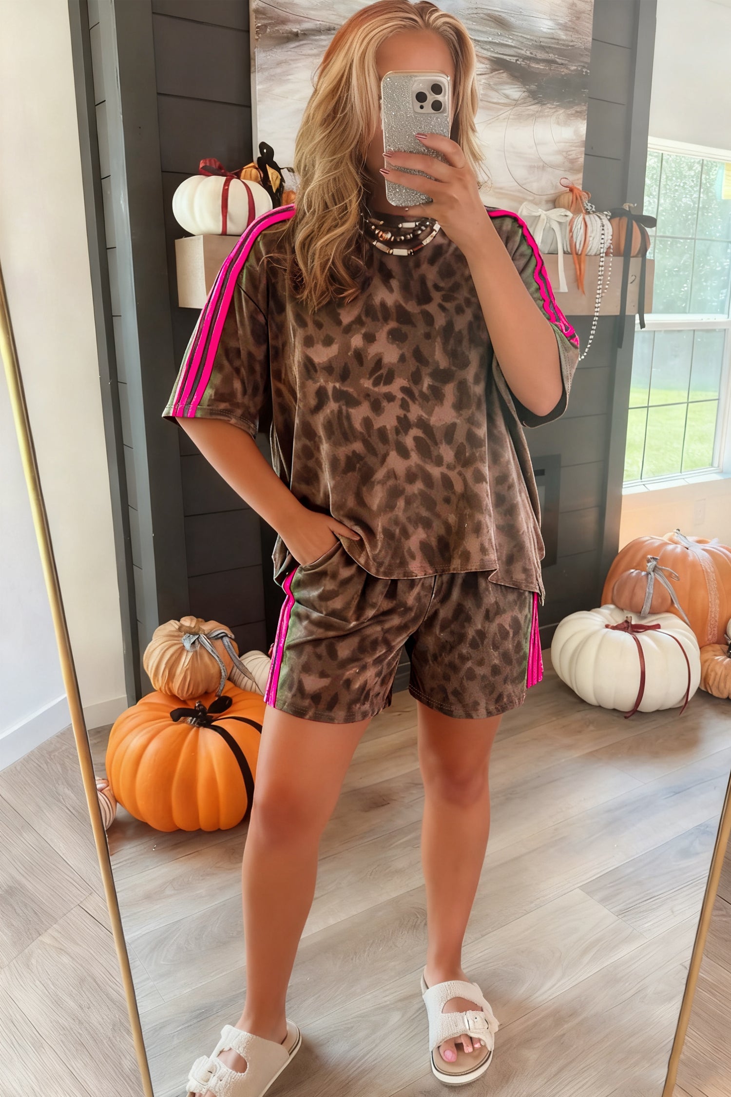 Leopard Contrast Stripe Tee &amp; Shorts Set