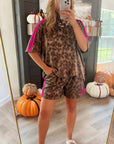 Leopard Contrast Stripe Tee & Shorts Set