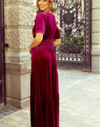 Katherine Velvet Short Sleeve Shirred Waist Tiered Dress