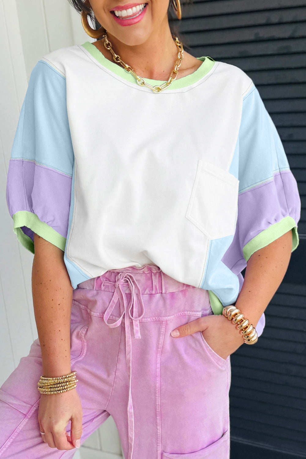 Purple Colorblock Patchwork Oversized T Shirt