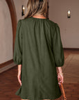 Corduroy Pleated Scallop Neck 3/4 Sleeve Mini Dress