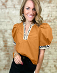 Leopard Contrast Trim Split Neck Puff Sleeve Blouse