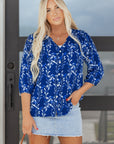 Floral 3/4 Sleeve Notched Neck Blouse