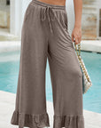 Solid Ruffle Wide Leg High Waist Pants