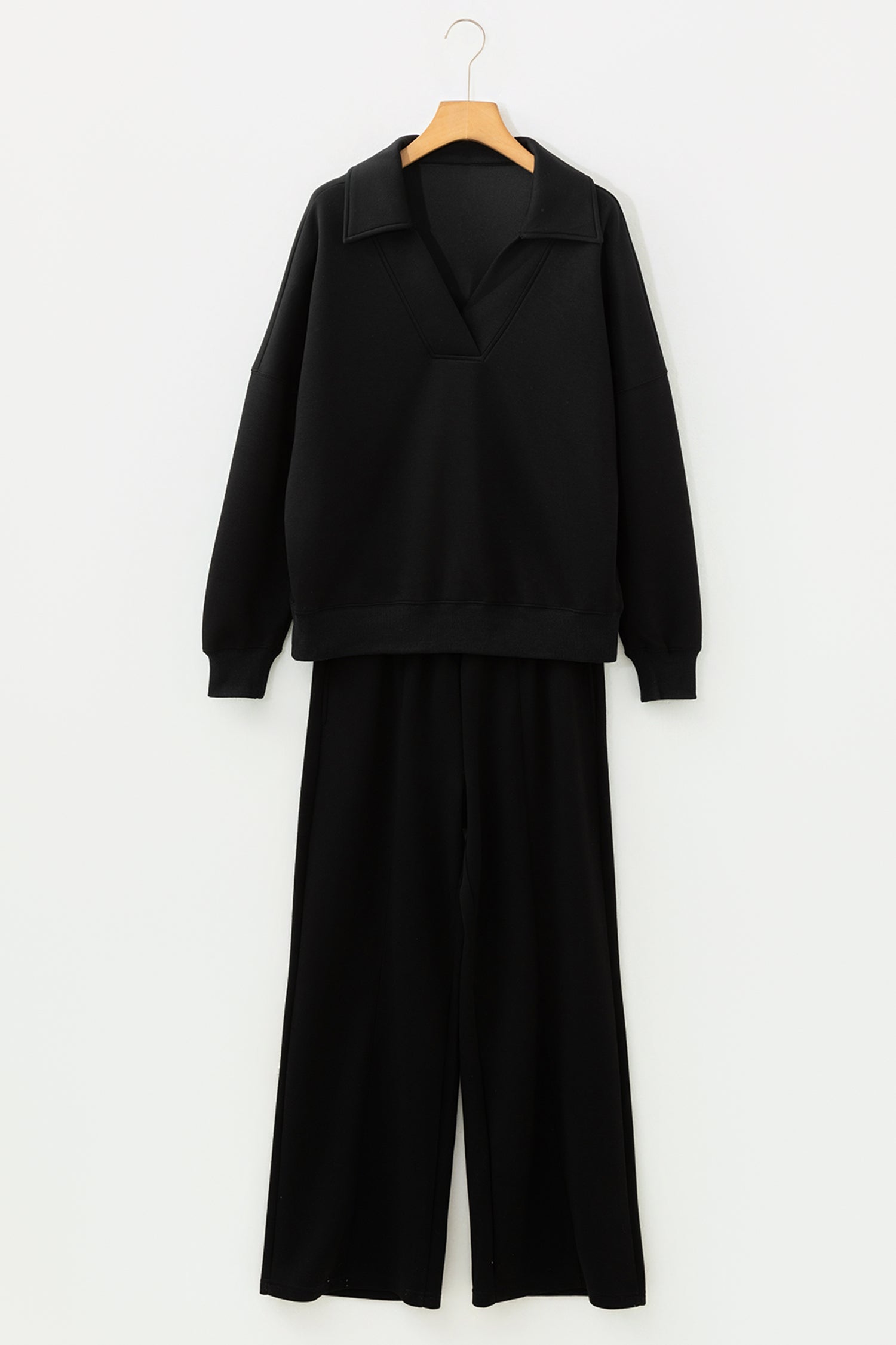 Solid Collared V-Neck Sweatshirt &amp; Sweatpants Set