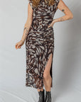 Abstract Mesh Cowl Neck Ruched Slit Midi Dress
