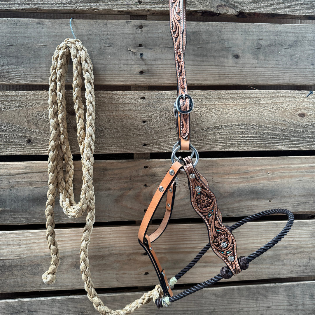 Brown Floral Tooled Lariat &amp; Leather Combo Halter