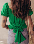 Solid Ruched Cross Waist Tied Back Peplum Top