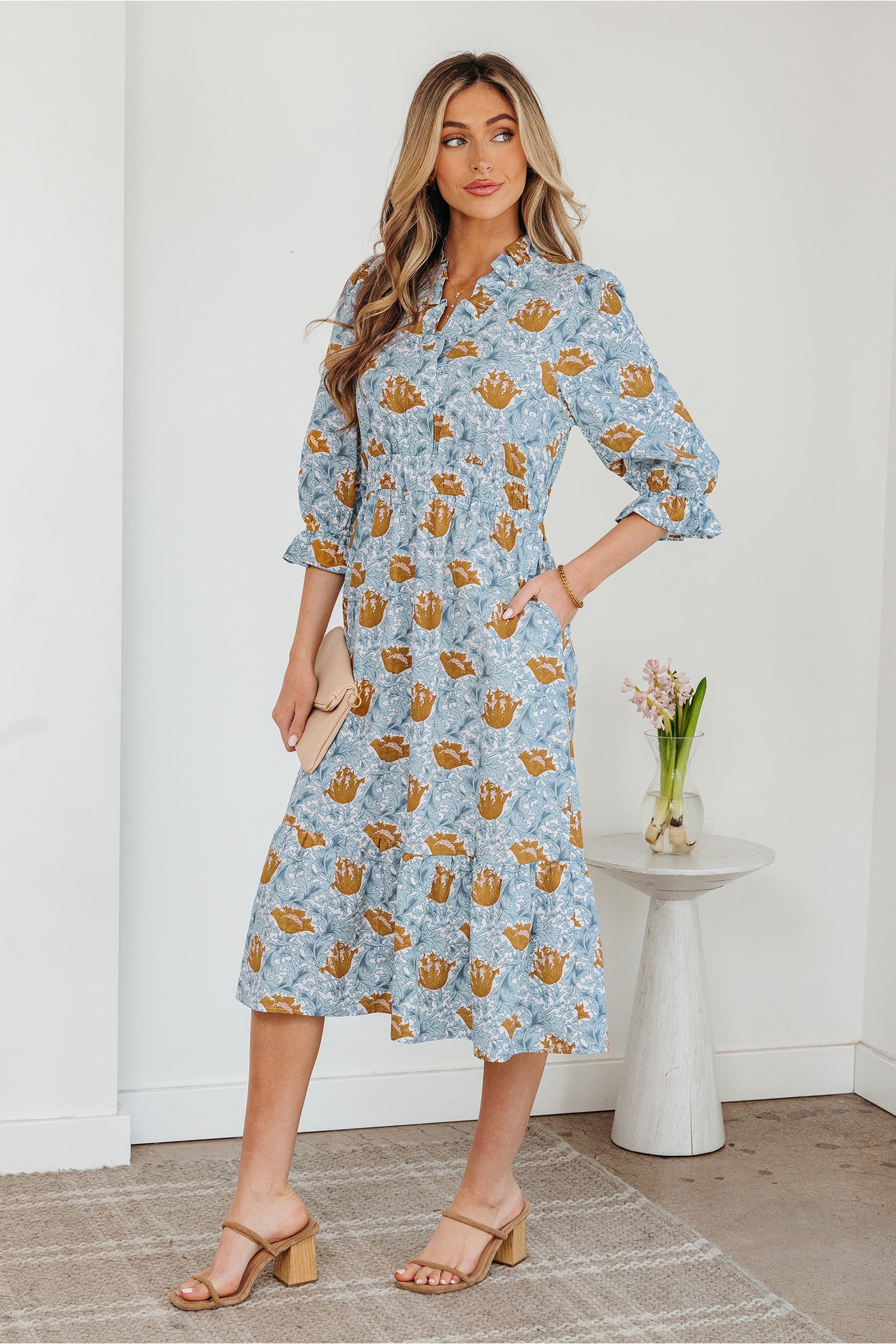 Floral Frilled V-Neck 3/4 Sleeve Midi Dress