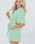 Stripe Short Sleeve Buttoned Collar Belted Romper
