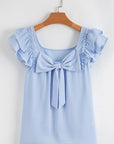 Textured Bow Back Frilled Butterfly Sleeve Blouse