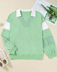 Plus Size Colorblock Stripe Patchwork Collared V-Neck Sweatshirt