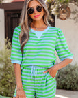 Stripe Puff Sleeve T-Shirt & Drawstring Shorts Set