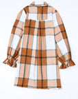 Plaid Collared Neck Ruffle Sleeve Shirt Dress