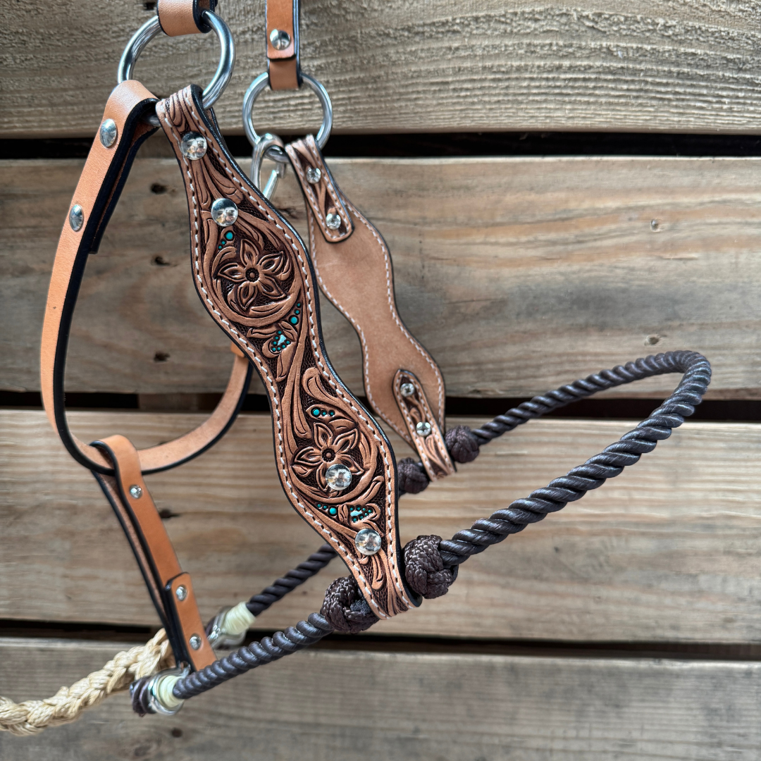 Brown Floral Tooled Lariat &amp; Leather Combo Halter