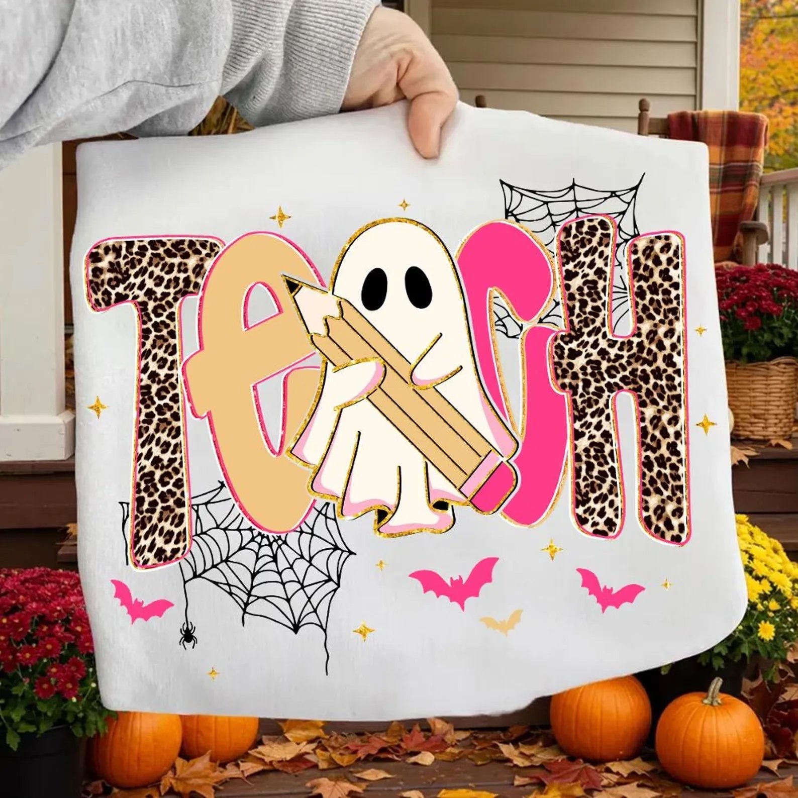 Pink &amp; leopard teach with ghost tee or sweatshirt