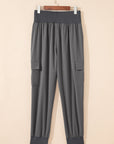 Solid Elastic High Waist Pocketed Cargo Jogger Pants