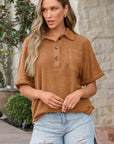Solid Waffle Knit Round Hem Chest Pocket Tee