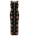 Baha Ranch Black and Tan Aztec Bodycon Side Slit Western Maxi Dress