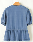 Tied Front Bubble Sleeve Peplum Denim Shirt