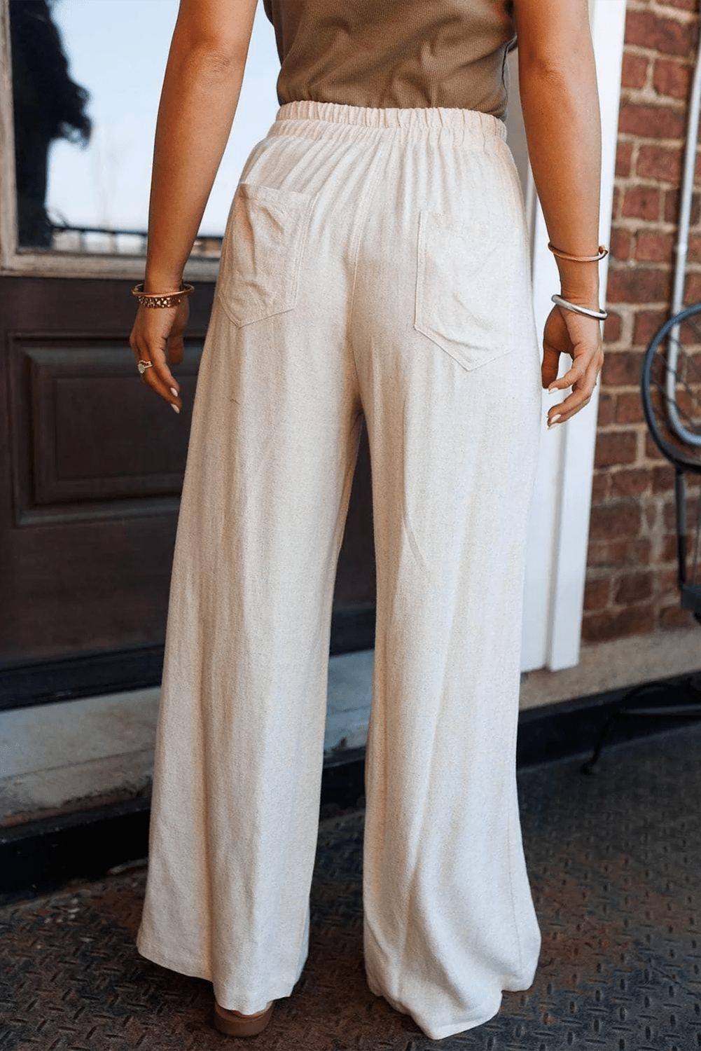 Solid Buttoned Drawstring Waist Pleated Wide Leg Pants