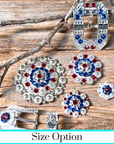 Bright Silver Red - White - Blue Crystal Conchos - Sizes from 1"- 3" and Buckles