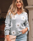 Floral V-Neck Drop Shoulder Baggy Sweater