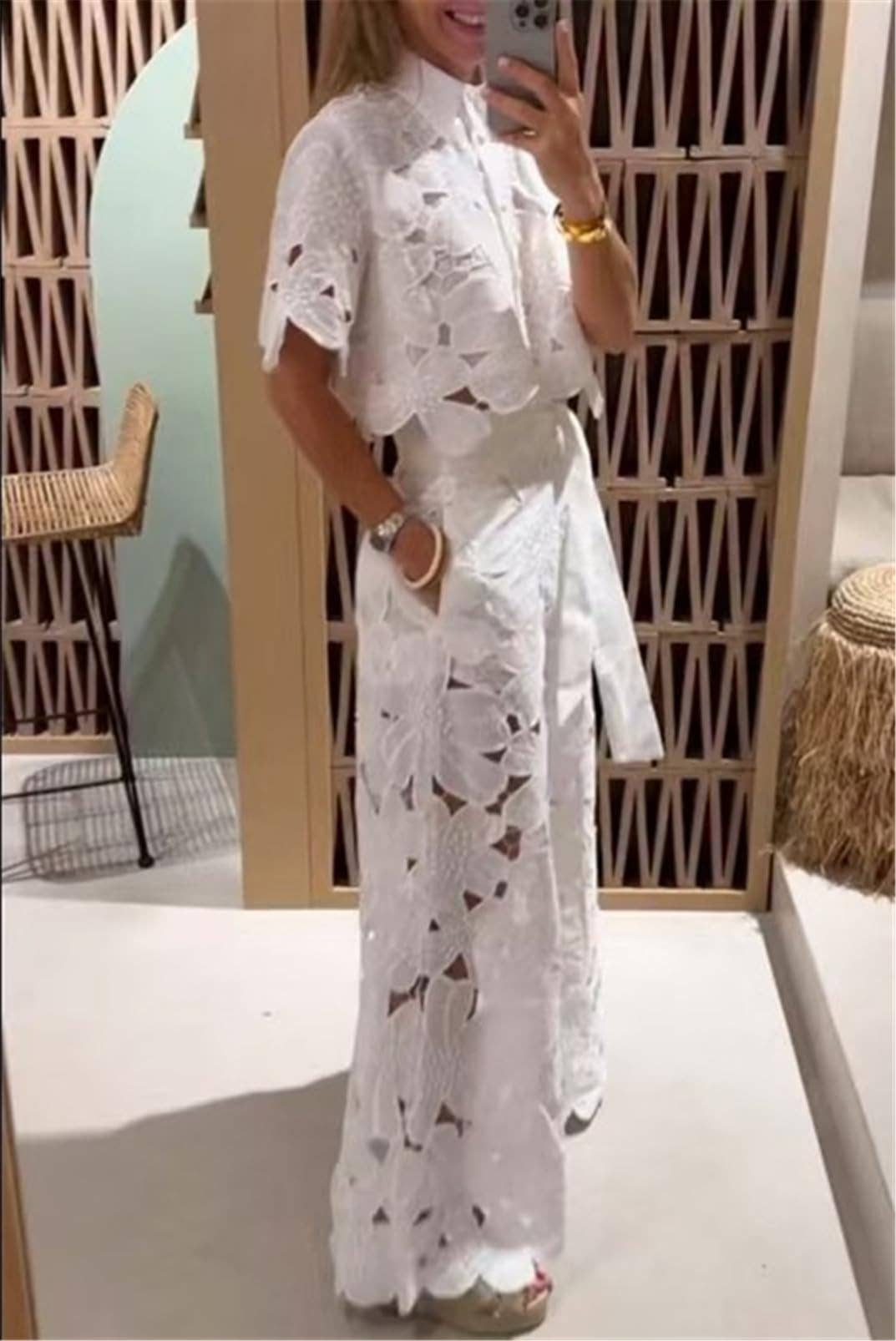 Crochet Floral Lace Button-down shirts &amp; wide leg pant set