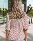Stripe Leopard Trim V-Neck Buttoned Short Sleeve Shirt