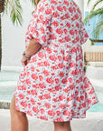 Plus Size Floral Ruffle 3/4 Sleeve V-Neck Dress