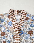 Floral Plaid Frilled Trim Long Sleeve Blouse